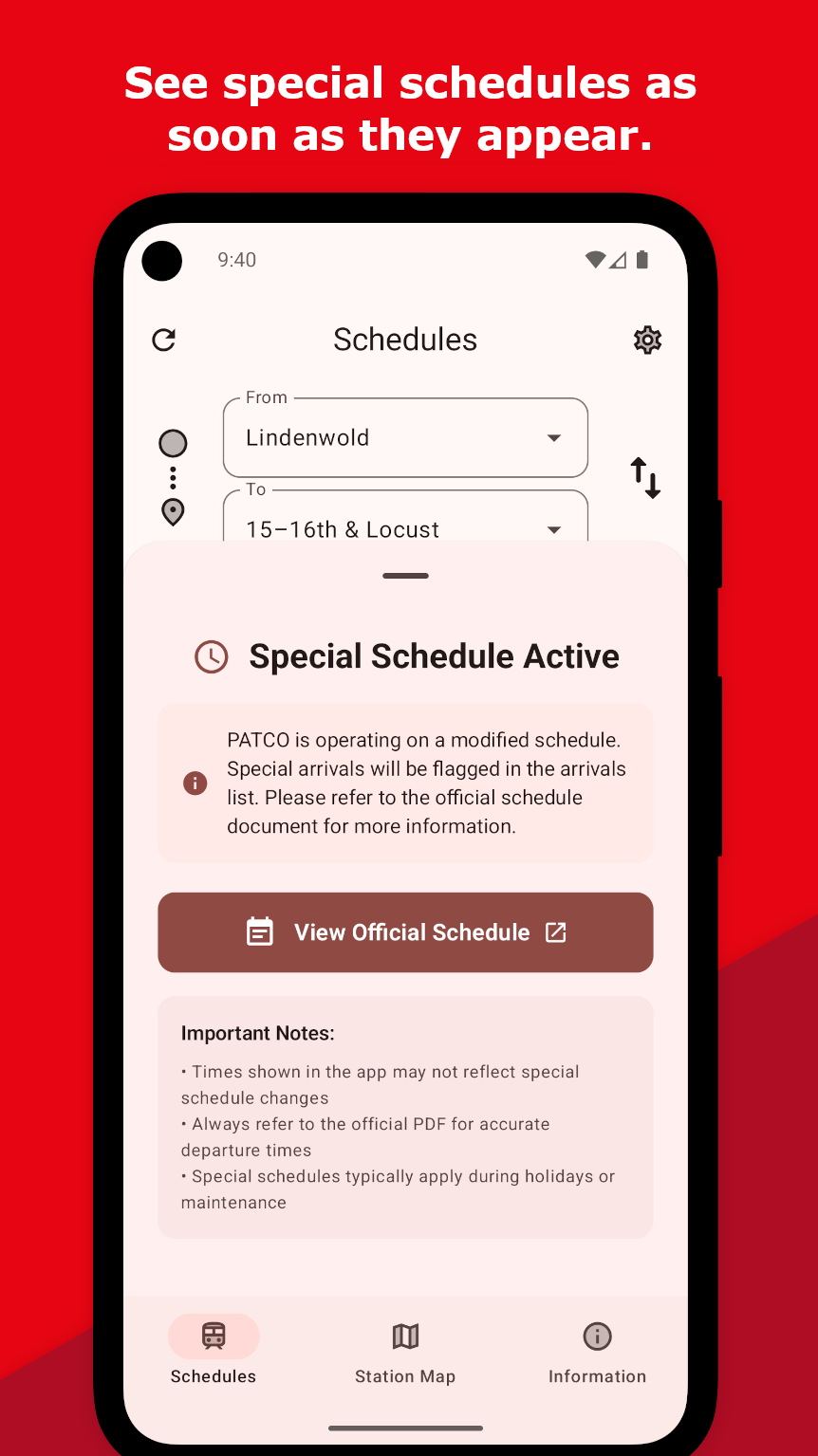 patco today special schedules page image